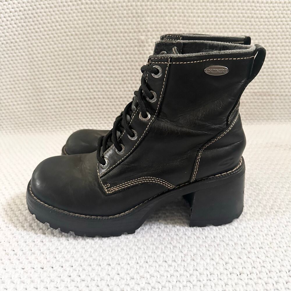 Skechers Black Leather Y2K Stitching Grunge Chunky Lug Sole Lace Up Boots 8.5 - Picture 6 of 11